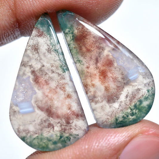 Pear Shaped Moss Agate Cabochons Pair - Loose Agate Healing Stones for Earring & Jewelry Making