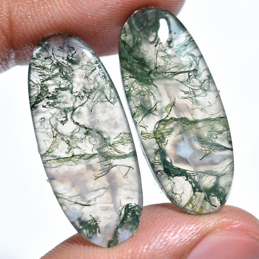 Natural Moss Agate Oval Pair – Matching Smooth Cabochon Pair for Jewelry Making