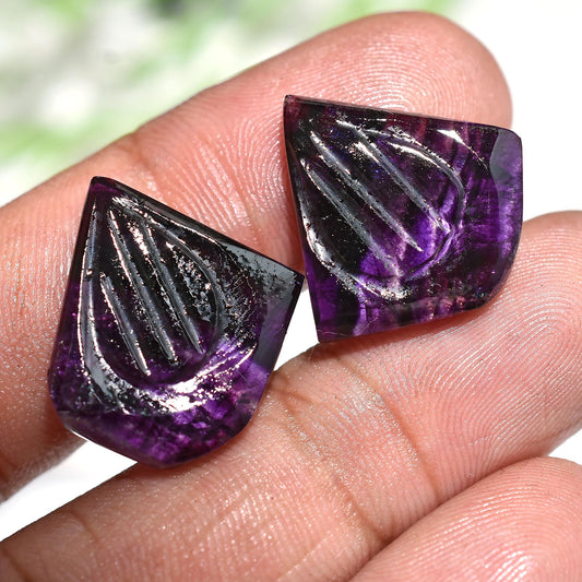 Natural Fluorite Carved Fancy Pair – Purple Cabochons for Earrings 19x20x2mm