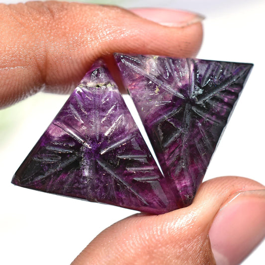 Natural Purple Fluorite Carving Pair – Triangle Crystal Cabochons for DIY Earrings