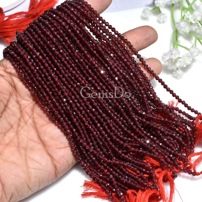 Natural Garnet Faceted Round Beads | 3mm Micro Cut Gemstone Strand
