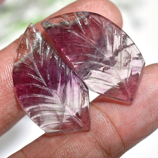 Nature's Art Fluorite Loose Cabochon Earring Pair - Matching Fluorite Set, Leaf Carved Gemstone Pair for One-of-a-Kind Jewelry Creations
