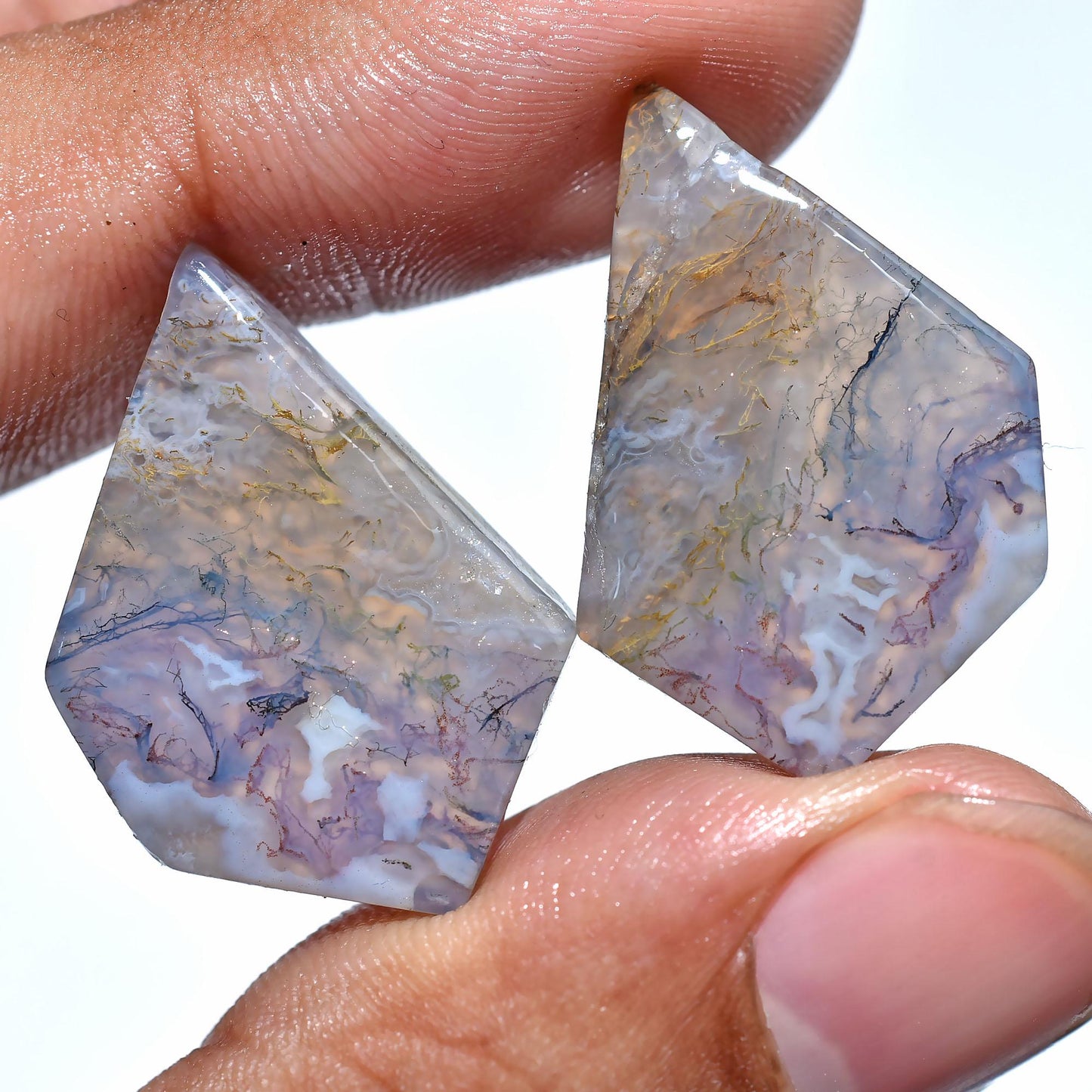 Moss Agate Pair Earring Cabochons – Hand-Polished Fancy Shaped Gemstones for Custom Earrings