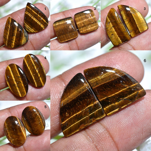 Natural Golden Tiger Eye Cabochon Pair – Smooth Polished Loose Stones for Earrings