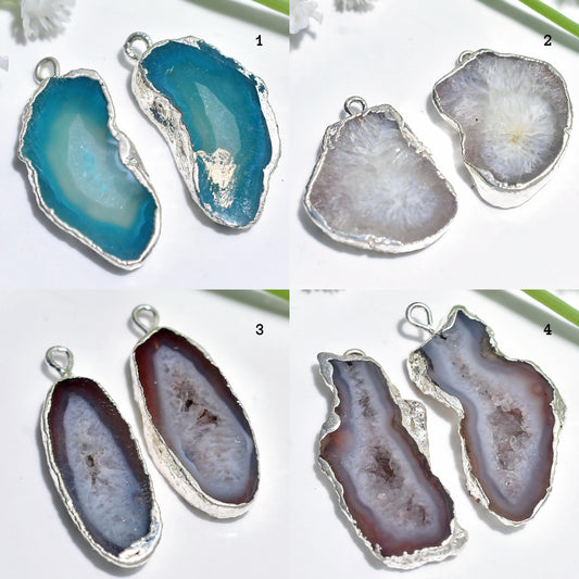 Solar Quartz Gemstone Pair - Silver Electroplated Earrings Pair - Fancy Shape Geode Agate