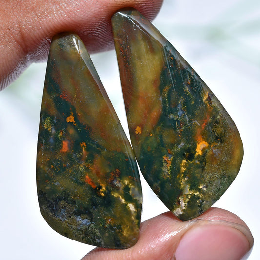 Moss Agate Pair Gemstone - Fancy Shaped Matched Agate Cabochons for Earrings