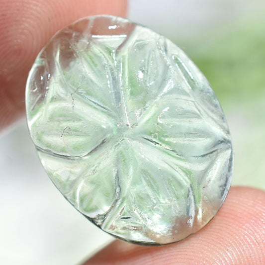 Flower Design Fluorite Cabs, Green Fluorite Carving, Smooth Cut Fancy Shape, Loose Gems, Hand Carved For Making Pendant