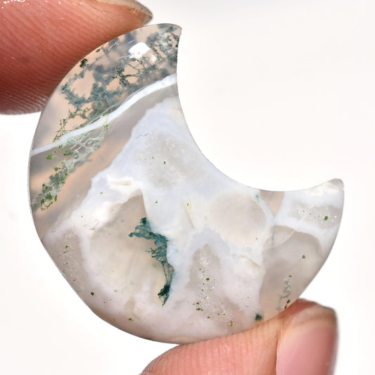 Natural Green Moss Agate Moon Stone -Crescent Moon Smooth Cabs for Pendant Jewelry