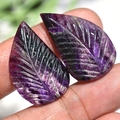 Fluorite Leaf Carved Earring Pair – Hand-Carved Purple Fluorite Cabochons