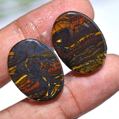 Attractive Iron Tiger Eye Gemstone Pair - Oval Shaped Cabochons for Custom Earrings, Wholesale Flatback Stones