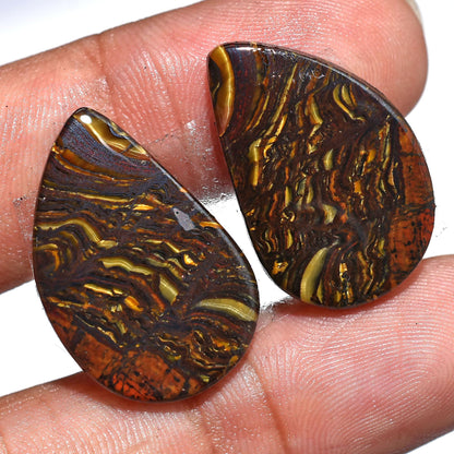 Attractive Iron Tiger Eye Gemstone Pair - Oval Shaped Cabochons for Custom Earrings, Wholesale Flatback Stones