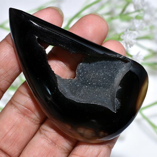 Shimmering Black Druzy Cabochon – Loose Black Window Druzy Agate for Jewelry