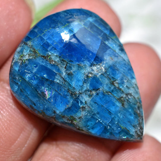Blue Apatite Cabochon, Neon Pear Shaped Smooth Flatback Gemstone for Jewelry