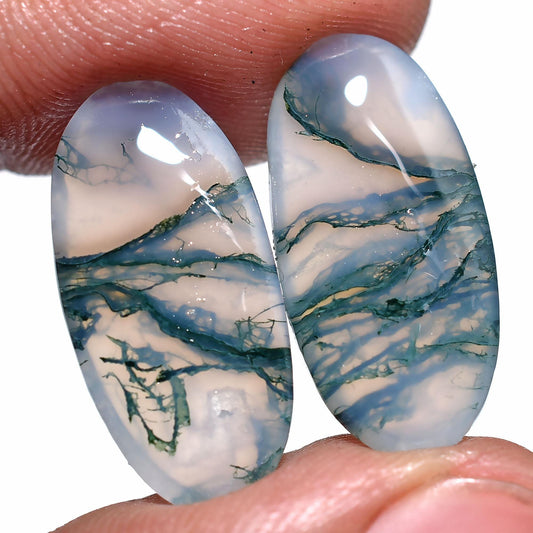 High Quality Green Moss Agate Pair Cabochons – Oval Shape Designer Agate for Earrings