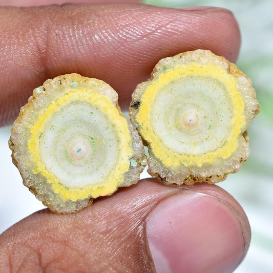 Yellow Solar Quartz Gemstone Pair, Round Stalactite Druzy Agate Cabochons