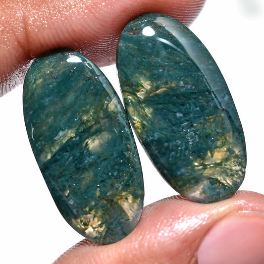 Oval Moss Agate Gemstone Pair - Crystal Moss Agate Matching Pair