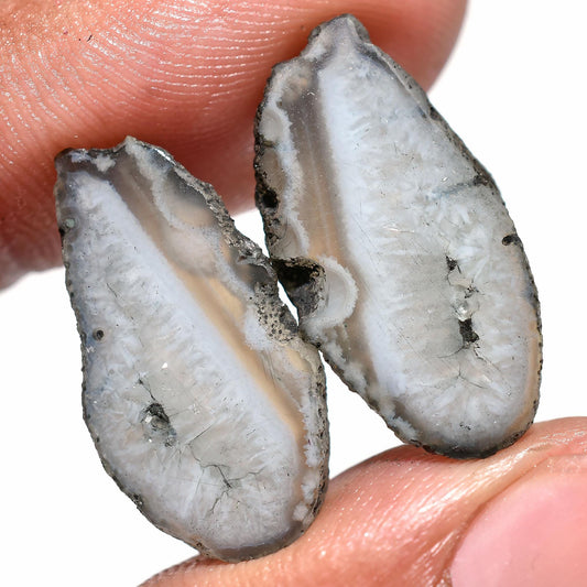 Grey Agate Druzy Gemstones - Fancy Quartz Pair for Earring