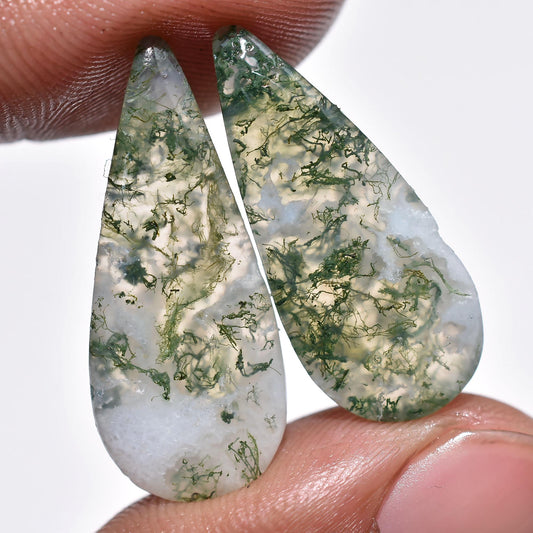 Exquisite Green Moss Agate Pair – Pear Shaped Cabochons for Earring Making