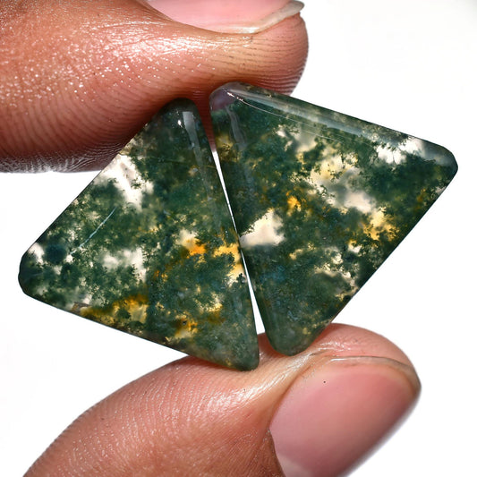 Natural Moss Agate Pair - Triangle Shaped Agate Cabochon for Jewelry Making