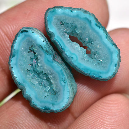 Blue Window Druzy Geode Pair – Blue Solar Quartz Agate Slice Matched Pair for Earrings