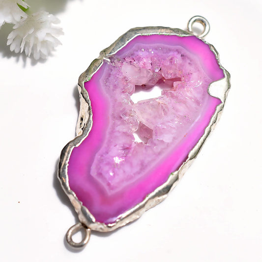 Fancy Stone Geode Connector Pendant – Double Bail Electroplated Agate Slice for DIY Jewelry