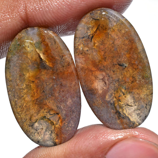 Top Quality Oval Cabochons for Earrings,  Moss Agate Stone Pair