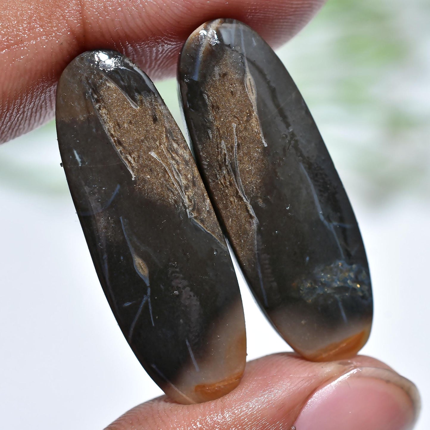 A-Grade Palm Root Agate Cabochon Pair – Hand Polished Oval Gemstones for Earrings