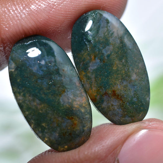Green Moss Agate Pair Cabochon – Indonesian Oval Matched Pair for Earring Jewelry