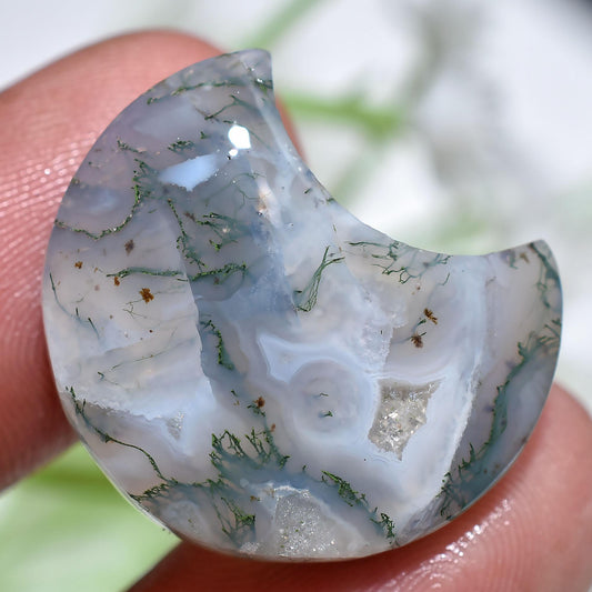 Natural Green Moss Agate Crescent Cabochons – Polished Druzy Half Moon Gemstones