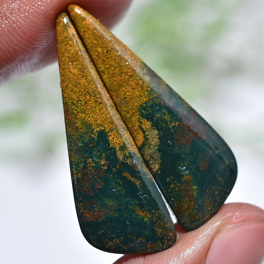 Natural Bloodstone Gemstone Pair – Bright Yellow & Green Cabochon Earrings