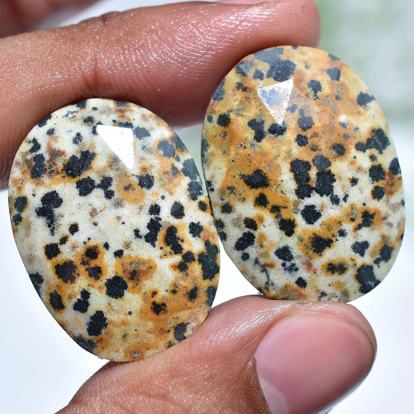 Dalmatian Jasper Pair Cabochon, Oval Shaped Faceted Flat Back Gemstone Earrings Pair