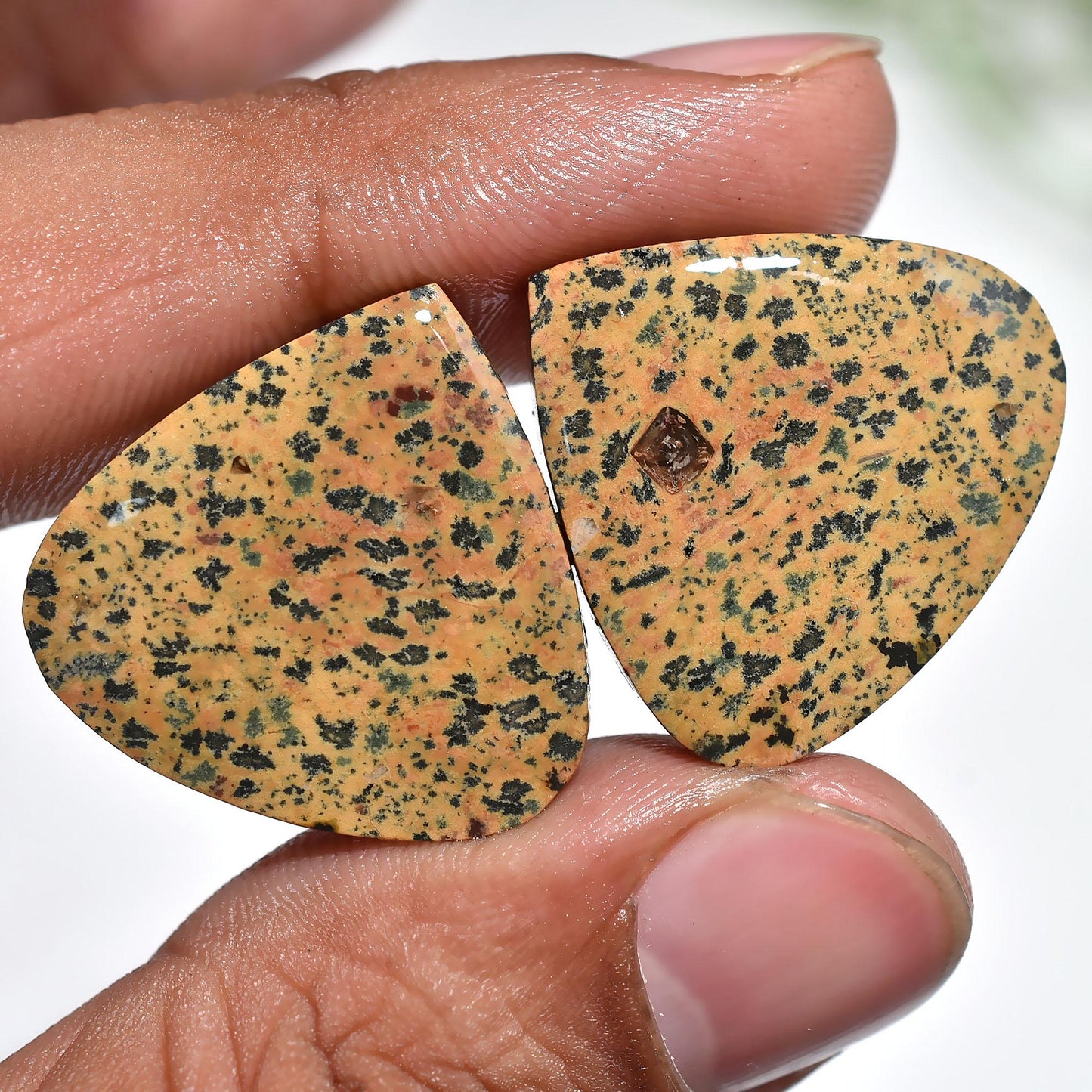 Dalmatian Jasper Pair Gemstone, Smooth Flat Back Matched Earrings Pair Gemstone, Heart Shaped Polished Stone For Custom Jewelry Making