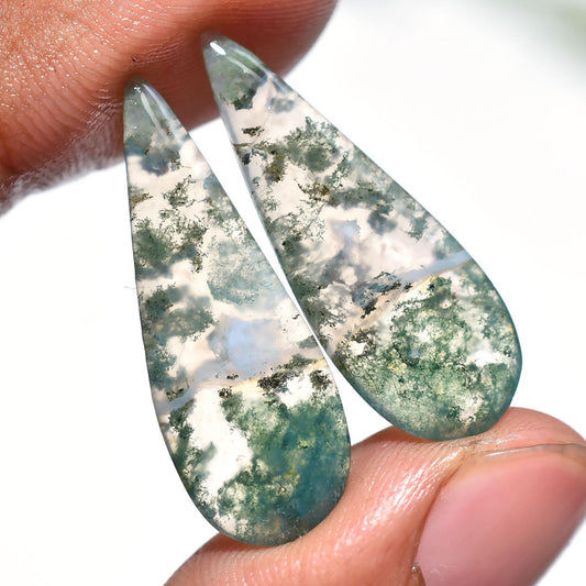 Unique Moss Agate Gemstone Pair - Pear Shaped Cabochon for Earrings Loose Matching Pair