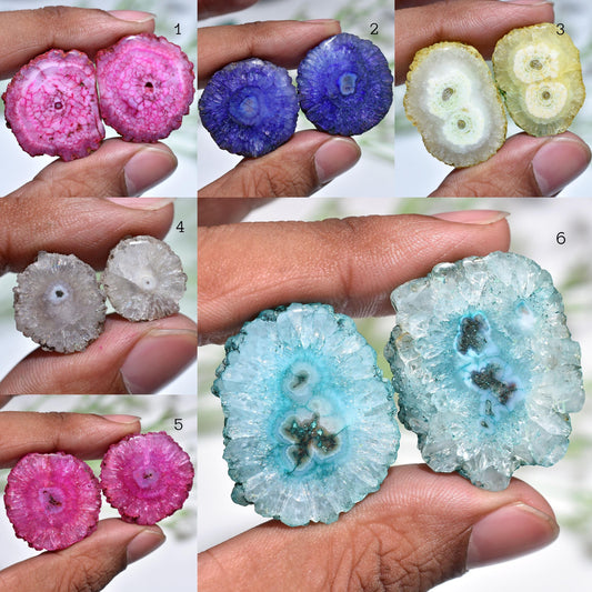 Round Solar Quartz Pair Gemstone – Geode Agate Stalactite Slice, Dyed Solar Quartz for Earrings