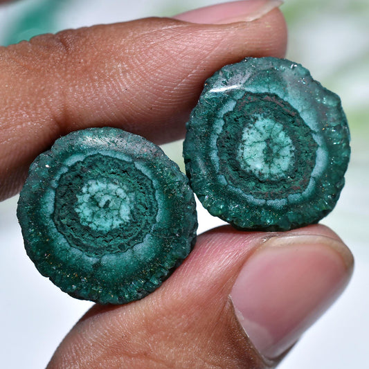 Green Solar Quartz Cabochon Pair – Round Geode Agate Slices for Earrings