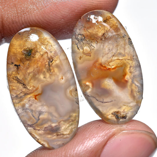 Moss Agate Cabochon Pair | Oval Shape Smooth Polished Gemstones