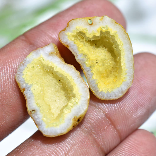 Solar Quartz Gemstone Pair - Fancy Shaped Yellow Window Druzy Cabs Pair