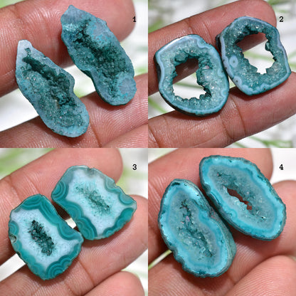Blue Window Druzy Geode Pair – Blue Solar Quartz Agate Slice Matched Pair for Earrings