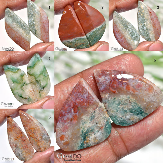 Moss Agate Cabochon Pair, Fancy Shaped Polished Gemstones for Earrings
