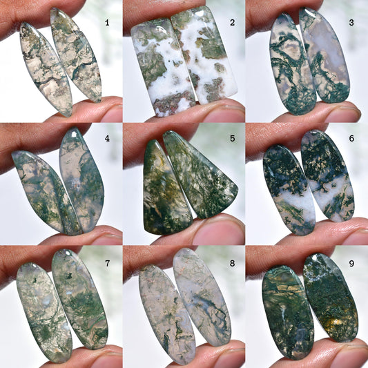 Rare Green Moss Agate Cabochons Pair - Designer Smooth Flatback Crystal
