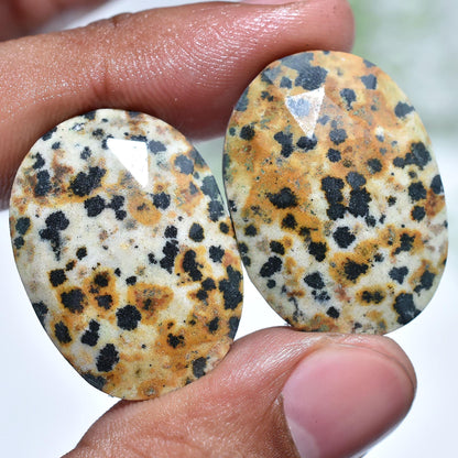 Dalmatian Jasper Pair Cabochon, Oval Shaped Faceted Flat Back Gemstone Earrings Pair