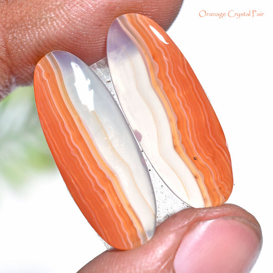 Orange Banded Agate Earrings Pair - Oval Shape, Matched Agate Stones Earrings