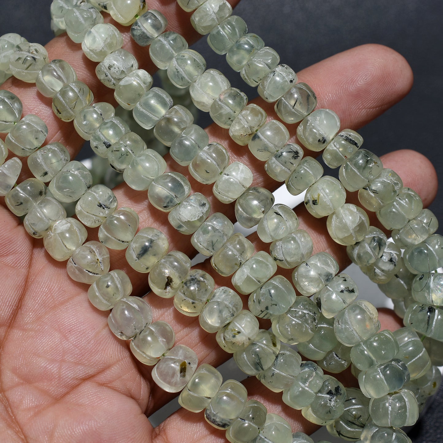 Green Dew Prehnite Petal Melons Beads- Wholesale Carved Tiny Gemstones Strand