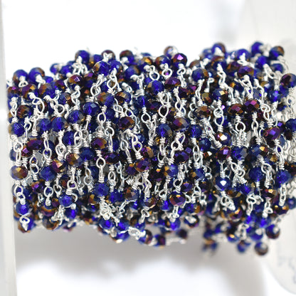 Iridescent Blue Purple Hydro Bead Chain-Silver Coated Stone Rosary Strand for DIY Jewelry & Crafts