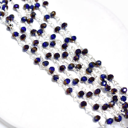 Iridescent Blue Purple Hydro Bead Chain-Silver Coated Stone Rosary Strand for DIY Jewelry & Crafts