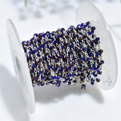 Iridescent Blue Purple Hydro Bead Chain-Silver Coated Stone Rosary Strand for DIY Jewelry & Crafts