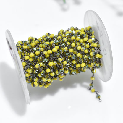Vibrant Yellow Jade Coated Gemstone Beads Rosary – Gunmetal Link Chain for Jewelry Design